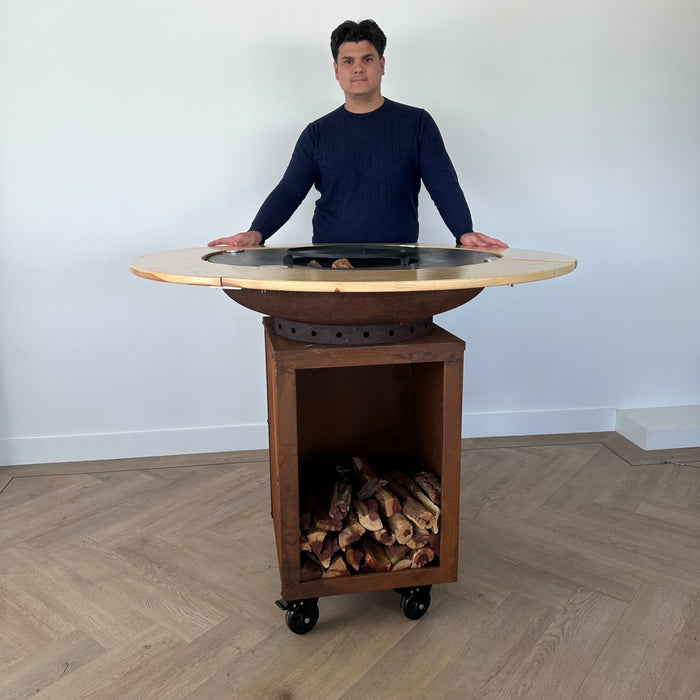 BBQ Vuurschaal Grill Hermano XXL Cortenstaal - Ø80cm 8mm met Houten Omranding Mesa