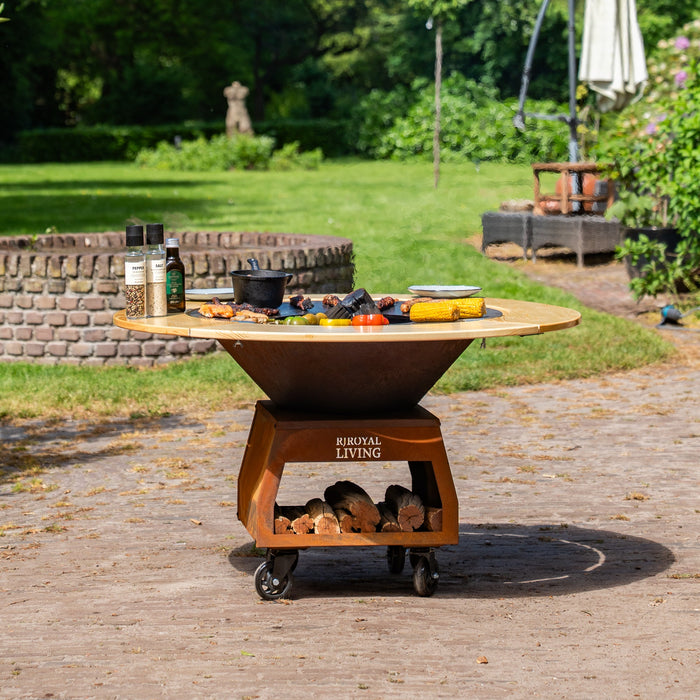 BBQ Vuurschaal Grill Brasero Vuurschaal Cortenstaal met Bakplaat Ø80cm en Mesa (Houten omranding) grote wielen, houtopslag
