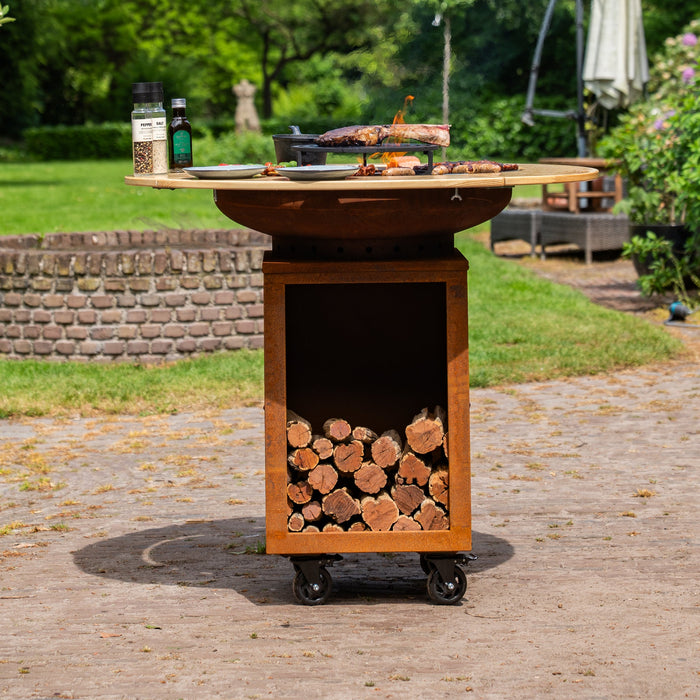 BBQ Vuurschaal Grill Hermano XXL Cortenstaal - Ø80cm 8mm met Houten Omranding Mesa
