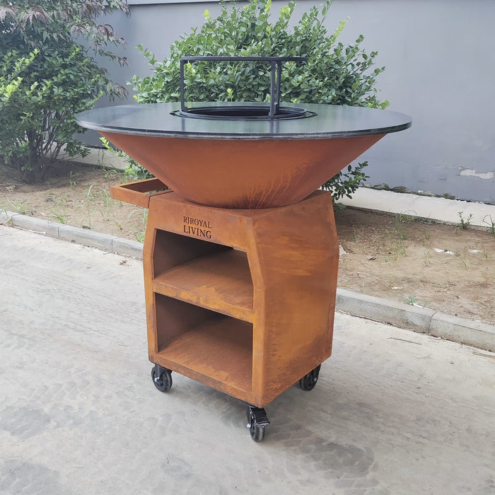 BBQ Vuurschaal Grill Maestro XXXL Ø100cm Cortenstaal - Met Grote wielen en houtopslag