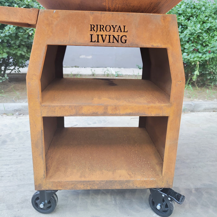 BBQ Vuurschaal Grill Maestro XXXL Ø100cm Cortenstaal - Met Grote wielen en houtopslag