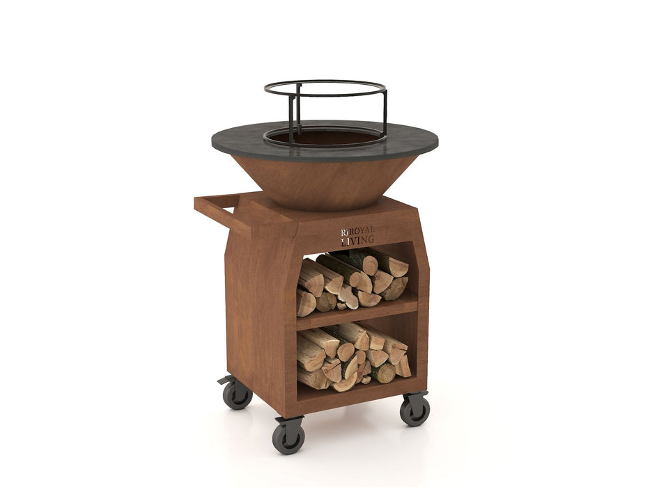 BBQ Vuurschaal Grill Maestro Ø70cm Cortenstaal - Met Grote wielen en houtopslag