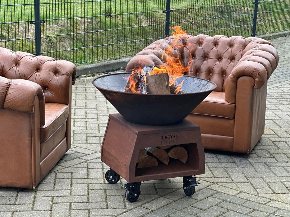 BBQ Vuurschaal Grill Brasero Vuurschaal Cortenstaal met grote wielen en houtopslag Ø75cm