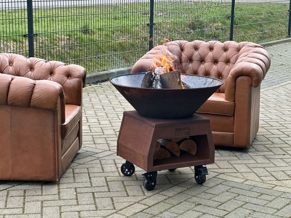 BBQ Vuurschaal Grill Brasero Vuurschaal Cortenstaal met grote wielen en houtopslag Ø75cm