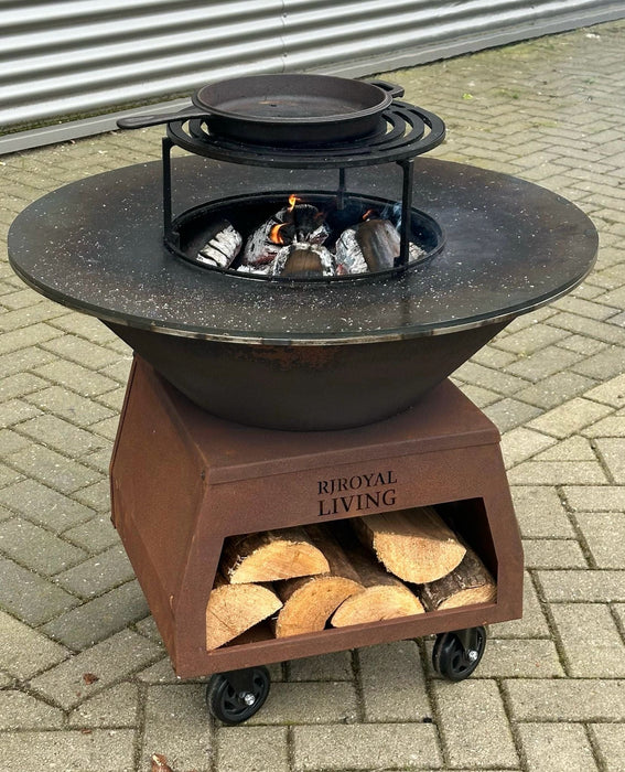 BBQ Vuurschaal Grill Brasero Vuurschaal Cortenstaal met grote wielen, houtopslag en bakplaat Ø80cm