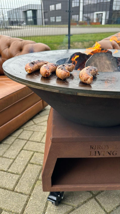 BBQ Vuurschaal Grill Brasero Vuurschaal Cortenstaal met Bakplaat Ø80cm en Mesa (Houten omranding) grote wielen, houtopslag