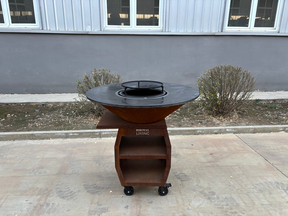 BBQ Vuurschaal Grill Maestro XXXL Ø100cm Cortenstaal - Met Grote wielen en houtopslag