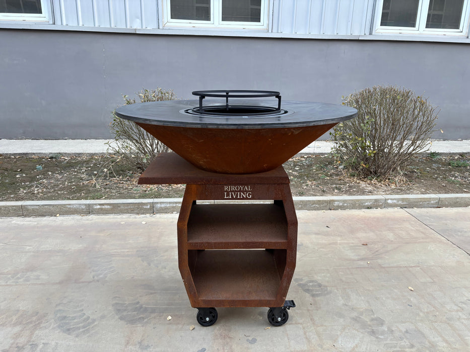 BBQ Vuurschaal Grill Maestro XXXL Ø100cm Cortenstaal - Met Grote wielen en houtopslag