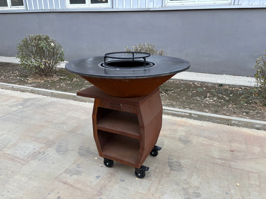 BBQ Vuurschaal Grill Maestro XXXL Ø100cm Cortenstaal - Met Grote wielen en houtopslag