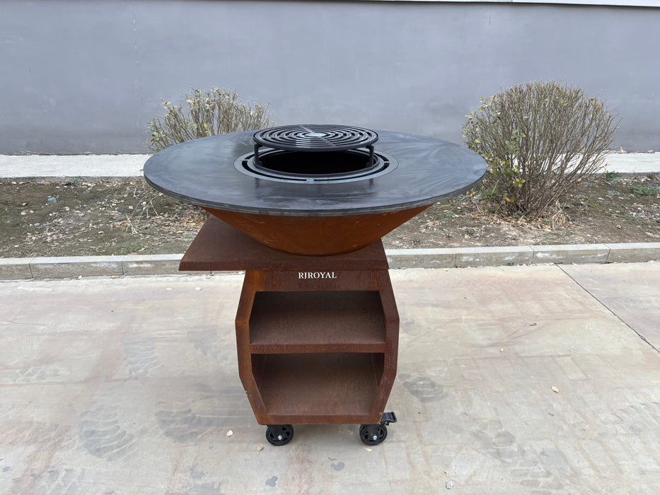 BBQ Vuurschaal Grill Maestro XXXL Ø100cm Cortenstaal - Met Grote wielen en houtopslag