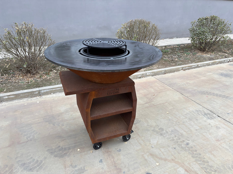 BBQ Vuurschaal Grill Maestro XXXL Ø100cm Cortenstaal - Met Grote wielen en houtopslag