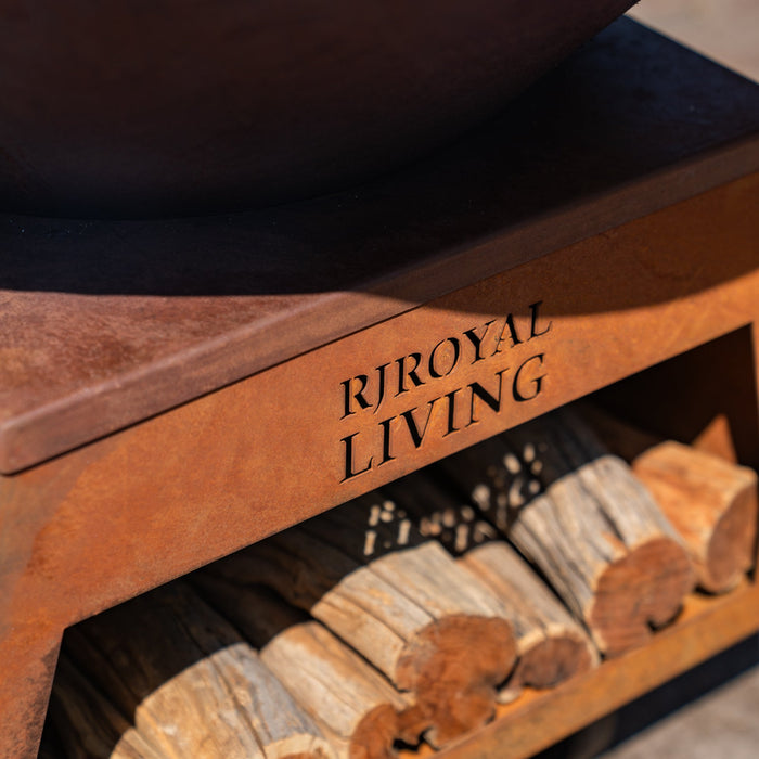 BBQ Vuurschaal Grill Brasero Vuurschaal Cortenstaal met grote wielen, houtopslag en bakplaat Ø80cm