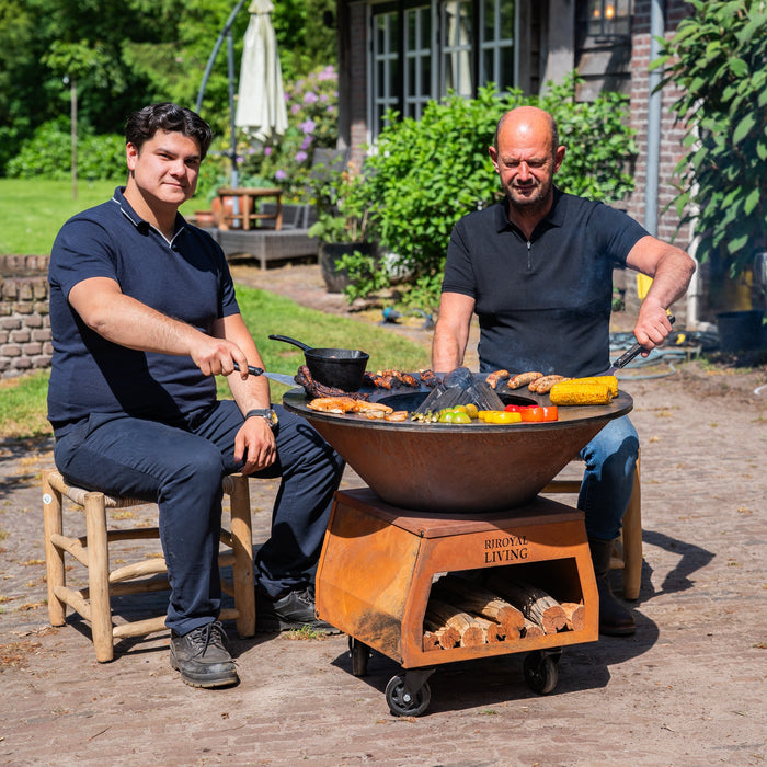 BBQ Vuurschaal Grill Brasero Vuurschaal Cortenstaal met grote wielen, houtopslag en bakplaat Ø80cm