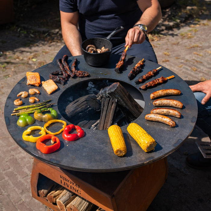 BBQ Vuurschaal Grill Brasero Vuurschaal Cortenstaal met grote wielen, houtopslag en bakplaat Ø80cm