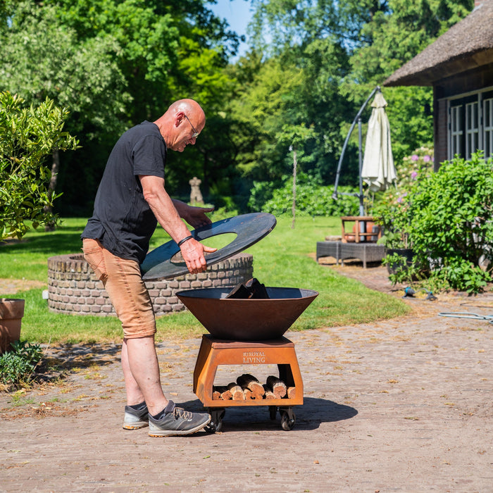 BBQ Vuurschaal Grill Brasero Vuurschaal Cortenstaal met grote wielen, houtopslag en bakplaat Ø80cm