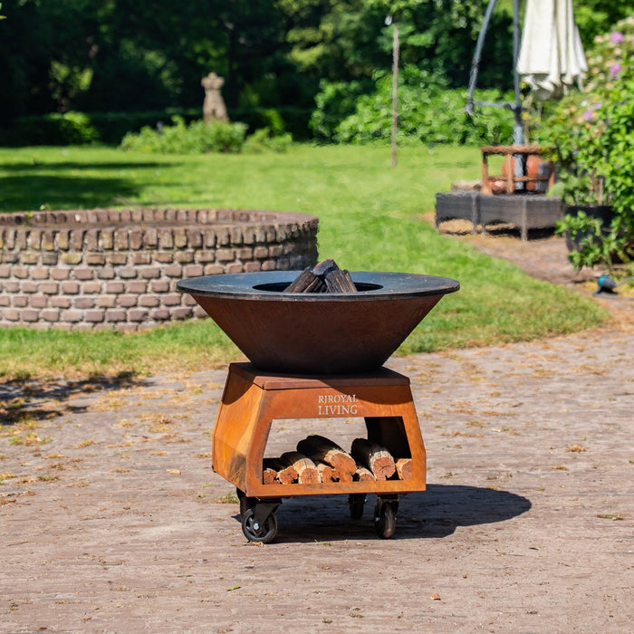 BBQ Vuurschaal Grill Brasero Vuurschaal Cortenstaal met grote wielen, houtopslag en bakplaat Ø80cm