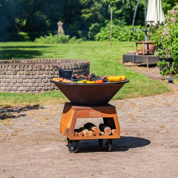 BBQ Vuurschaal Grill Brasero Vuurschaal Cortenstaal met grote wielen, houtopslag en bakplaat Ø80cm