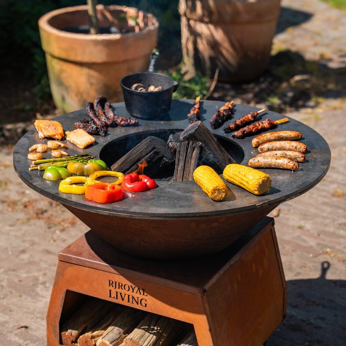 BBQ Vuurschaal Grill Brasero Vuurschaal Cortenstaal met grote wielen, houtopslag en bakplaat Ø80cm