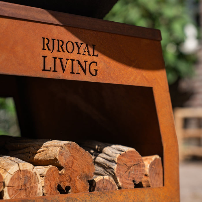 BBQ Vuurschaal Grill Brasero Vuurschaal Cortenstaal met Bakplaat Ø80cm en Mesa (Houten omranding) grote wielen, houtopslag