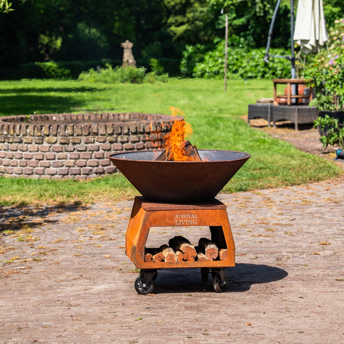 BBQ Vuurschaal Grill Brasero Vuurschaal Cortenstaal met grote wielen en houtopslag Ø75cm