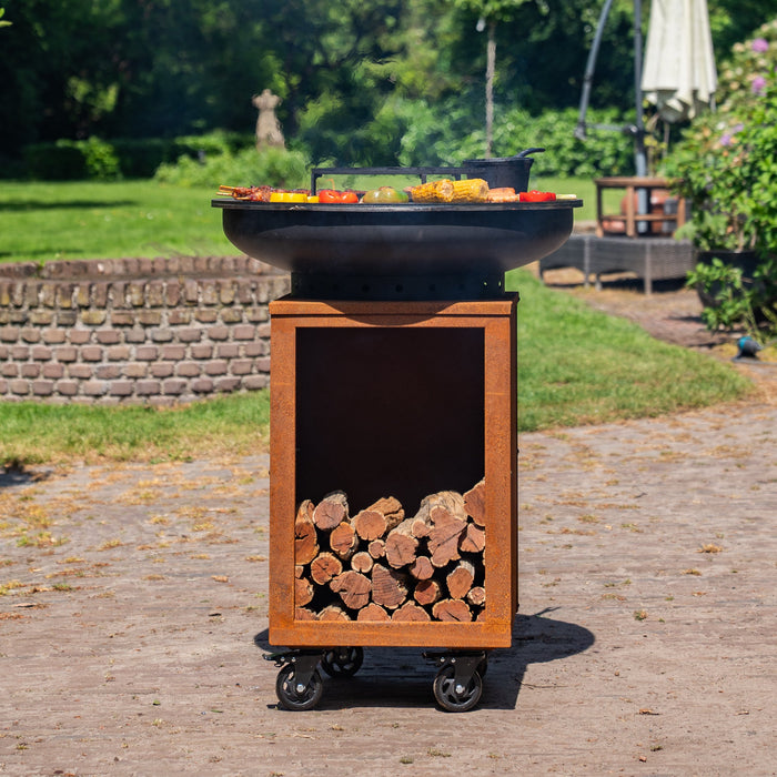 BBQ Vuurschaal Grill Hermano XXL Blackline Cortenstaal - Met pook en houtopslag Ø80cm 8mm
