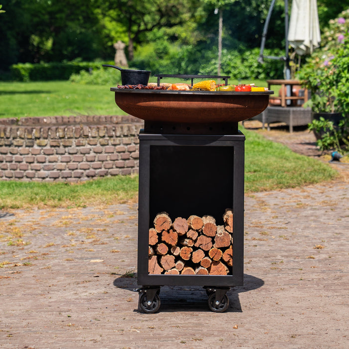 BBQ Vuurschaal Grill Hermano XXL Cortenstaal Blackline - Met pook en houtopslag Ø80cm 8mm