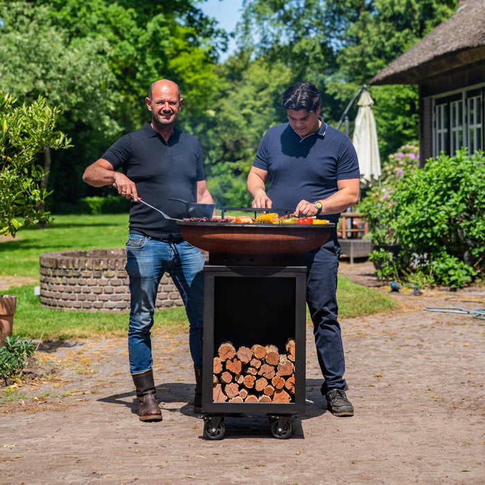 BBQ Vuurschaal Grill Hermano XXL Cortenstaal Blackline - Met pook en houtopslag Ø80cm 8mm