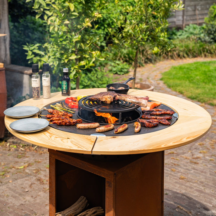BBQ Vuurschaal Grill Hermano XXL Cortenstaal - Ø80cm 8mm met Houten Omranding Mesa
