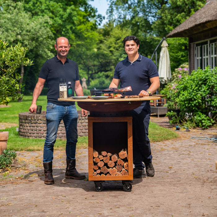 BBQ Vuurschaal Grill Hermano XXL Cortenstaal - Ø80cm 8mm met Houten Omranding Mesa