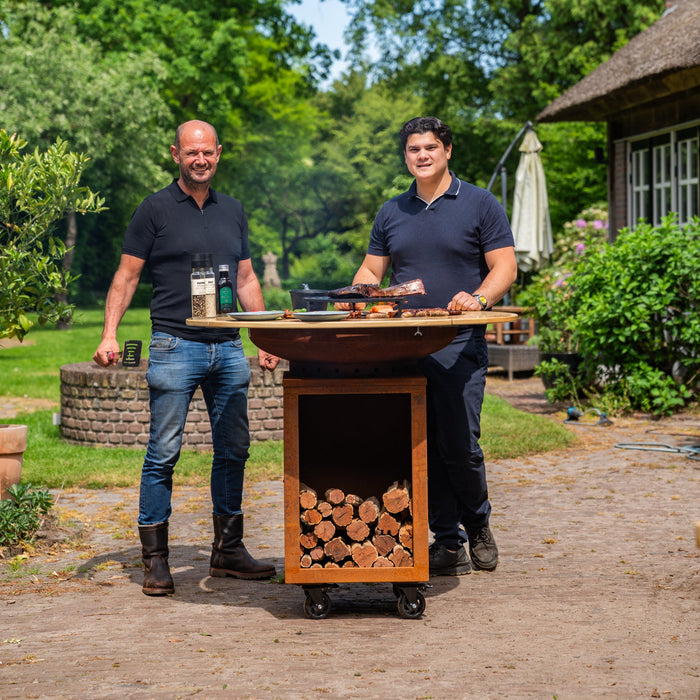 BBQ Vuurschaal Grill Hermano XXL Cortenstaal - Ø80cm 8mm met Houten Omranding Mesa